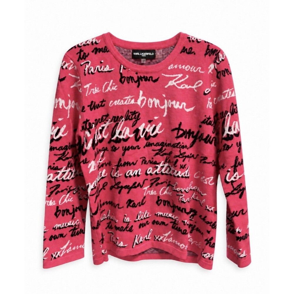 Karl Lagerfeld Paris Womens Teaberry Pink Allover Script Knit Sweater Medium